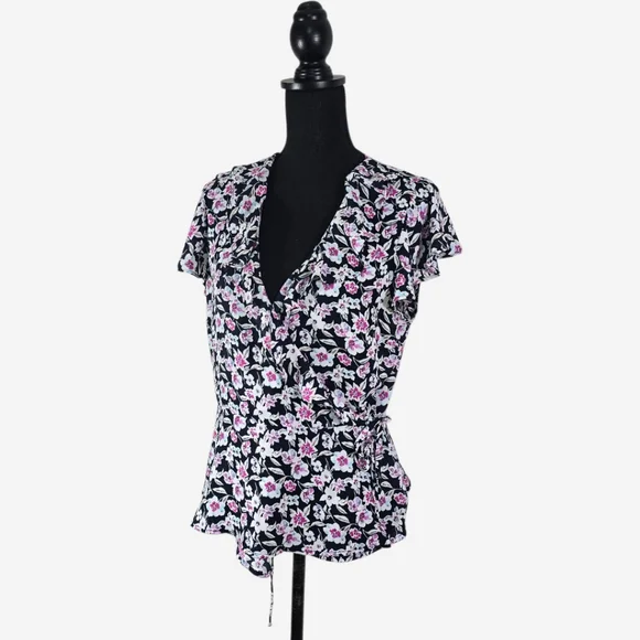 Floral Wrap Blouse Womens Medium Black V Neck Banana Republic - Picture 8 of 14